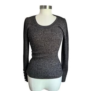 LOFT Metallic Shimmer Ribbed Sweater Puff Sleeve Pearlized Top Size M